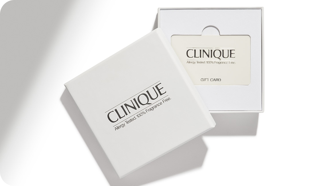 Physical Clinique gift card nested in a white box