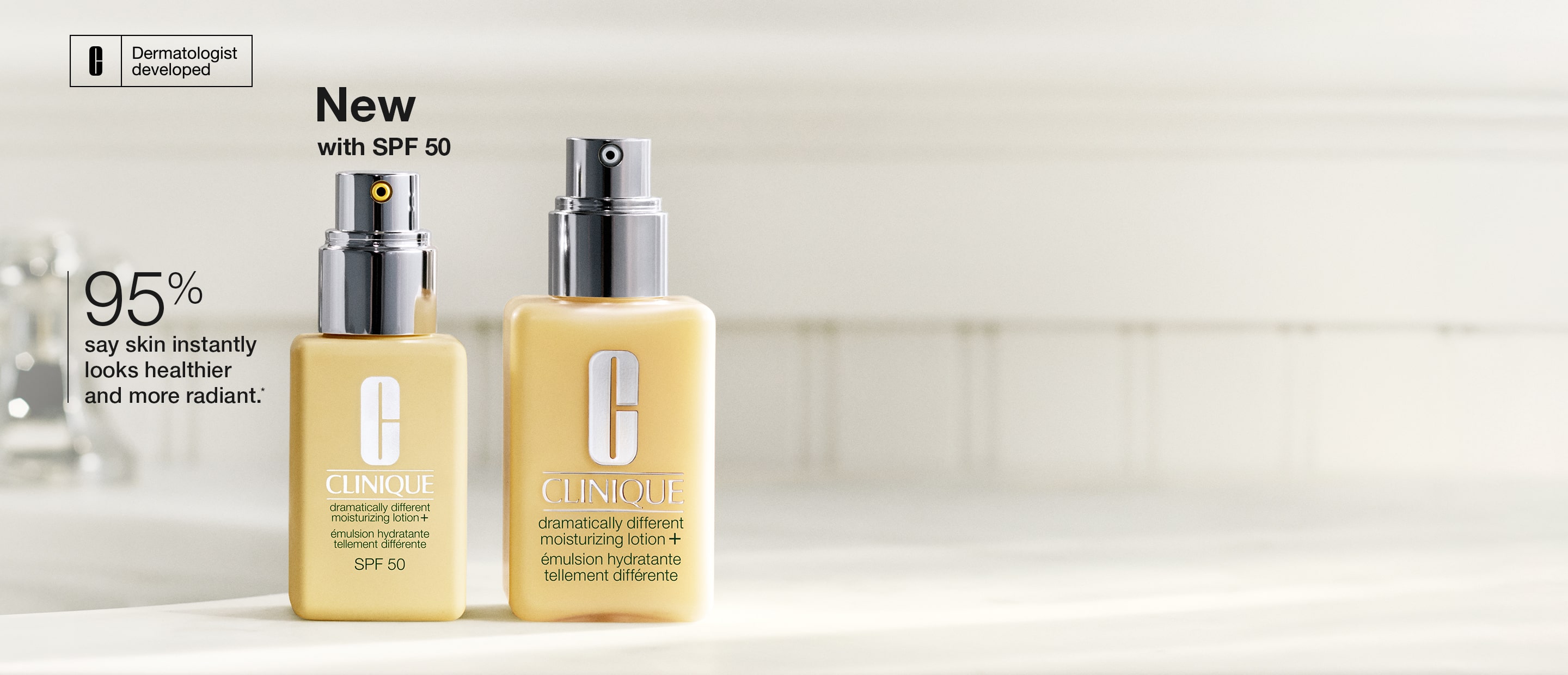 New Dramatically Different Moizturising Lotion SPF 50 bottle on a modern bathroom counter top