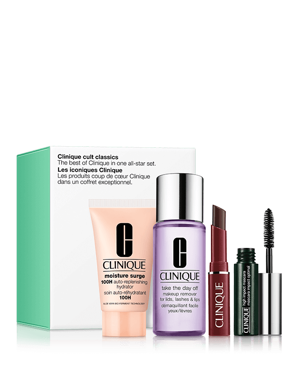 Cult Classics Beauty Gift Set, The best of Clinique skincare and makeup in one all-star 4-piece set, includes a full-size Moisture Surge™ 100H Auto-Replenishing Hydrator moisturiser and a travel-size version of the bestselling Almost Lipstick in Black Honey. Worth over £61.