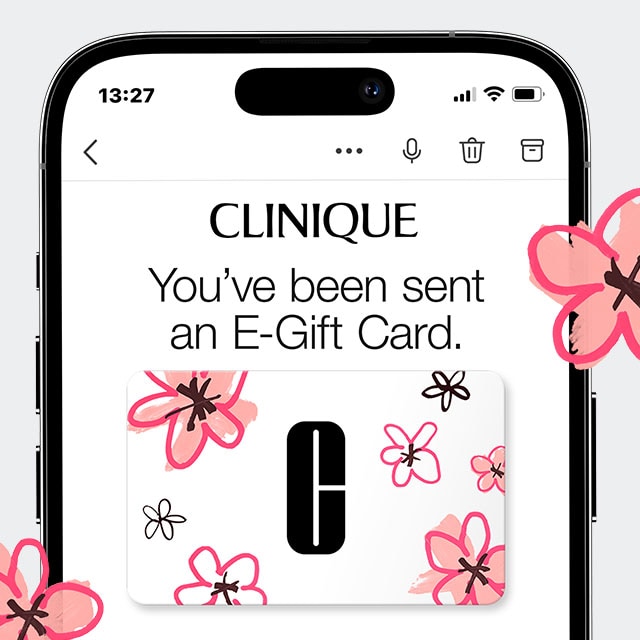 Mobile phone displaying an email from Clinique containing an eGift Card, decorated in pink flower illustrations