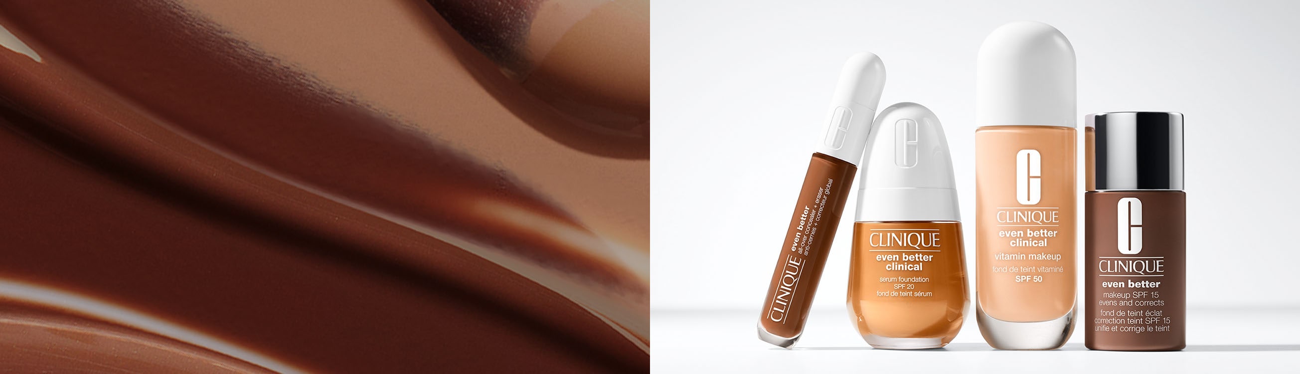Selection of Even Better foundation and concealers stood in front of a grey gradient background, with a range of shade swatches