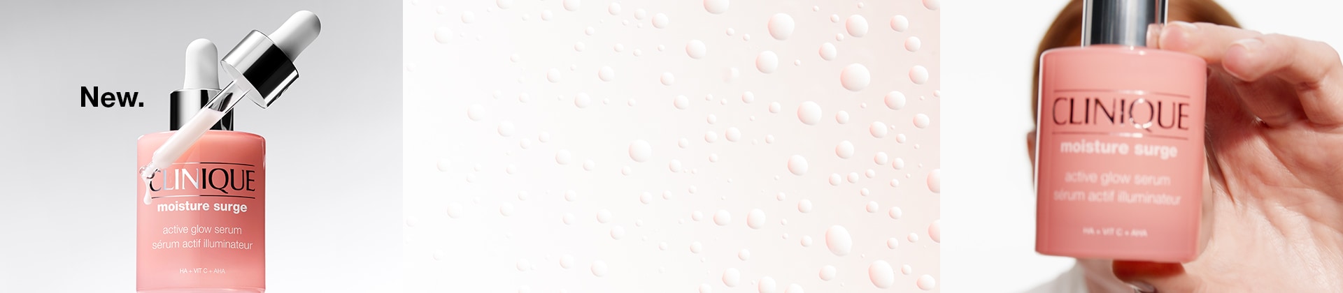 Video showcasing various models smiling and applying Moisture Surge Serum to skin, shot close up, focusing on product texture