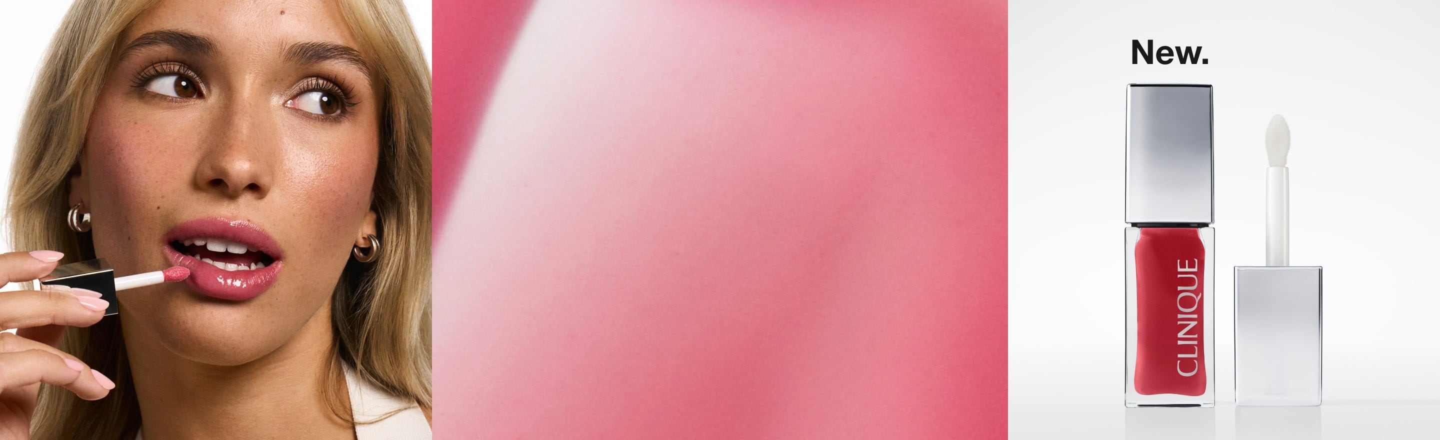 Close up of blonde model applying new Clinique Pop Lip and Cheek Oil in Pink Honey to lips, for a rosy hue