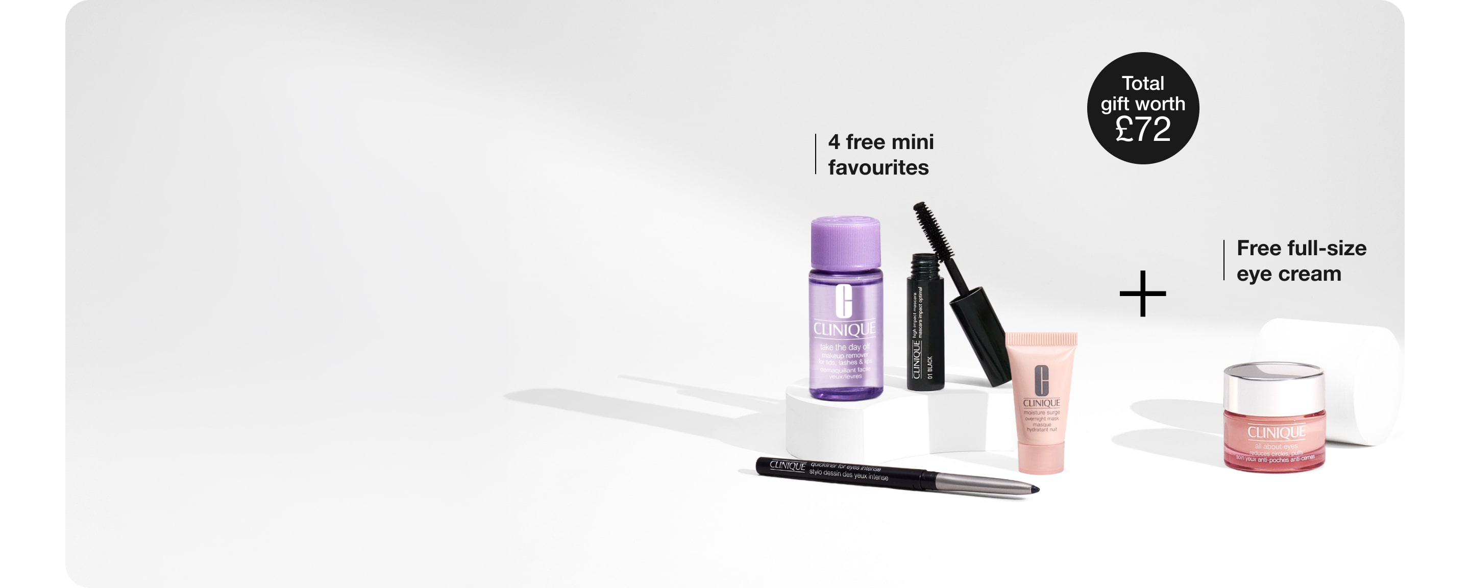 4 deluxe Clinique minis on a grey plinth, next to a 15ml All About Eyes Eye Cream, in a brightly lit setting