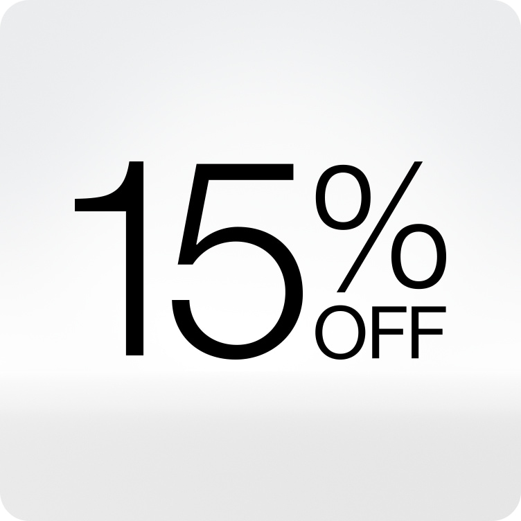 15% off logo in front of a soft grey background
