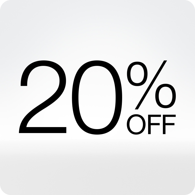 20% off logo in front of a soft grey background