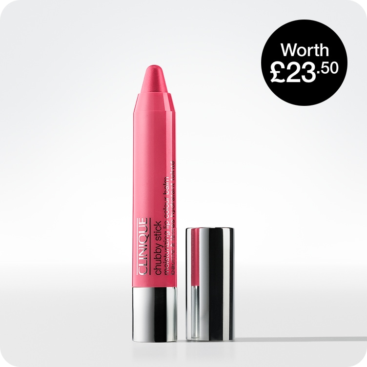 Full-size Chubby Stick Moisturizing Lip Colour Balm in Super Strawberry in a brightly lit studio setting