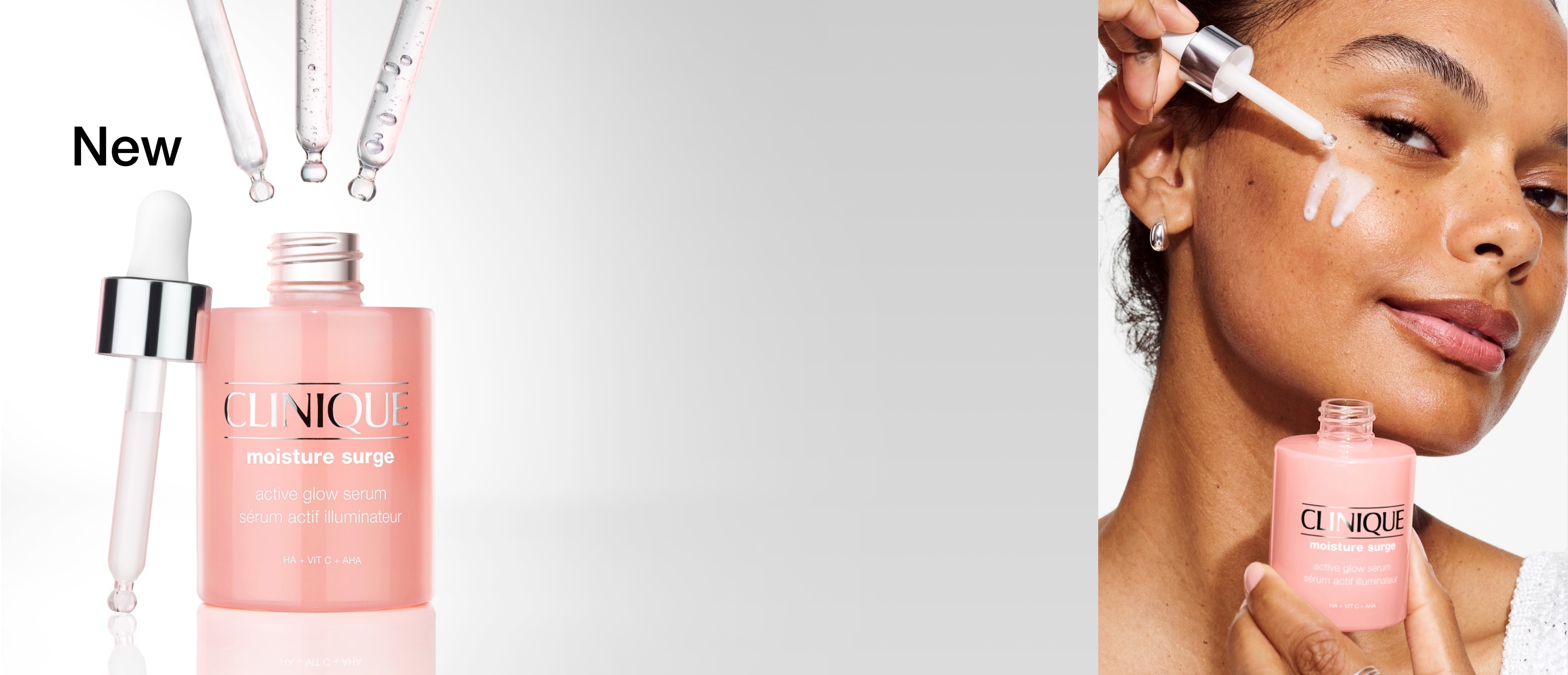 New Moisture Surge Serum with pipettes adding hyaluronic acid, and close up of model, focusing on glowing complexion