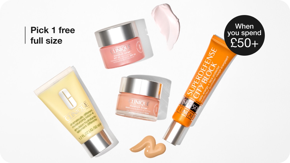 Selection of full-size Clinique products in a brightly lit studio setting