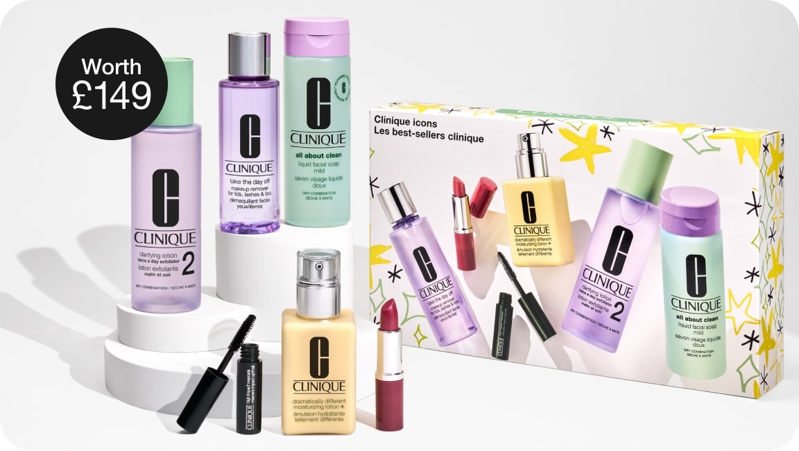 Clinique Icons 6-Piece Beauty Set in a brightly let setting with soft shadows