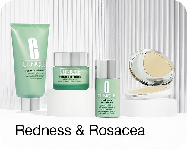 Products recommended for redness skin concern, on a glass disc in a brightly lit setting