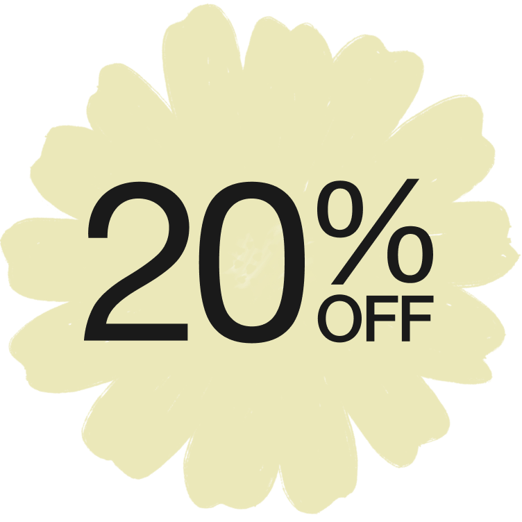 20% off logo in front of a flower yellow backround 