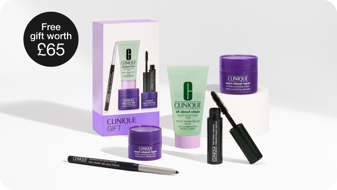 Selection of Clinique products in front of a grey background