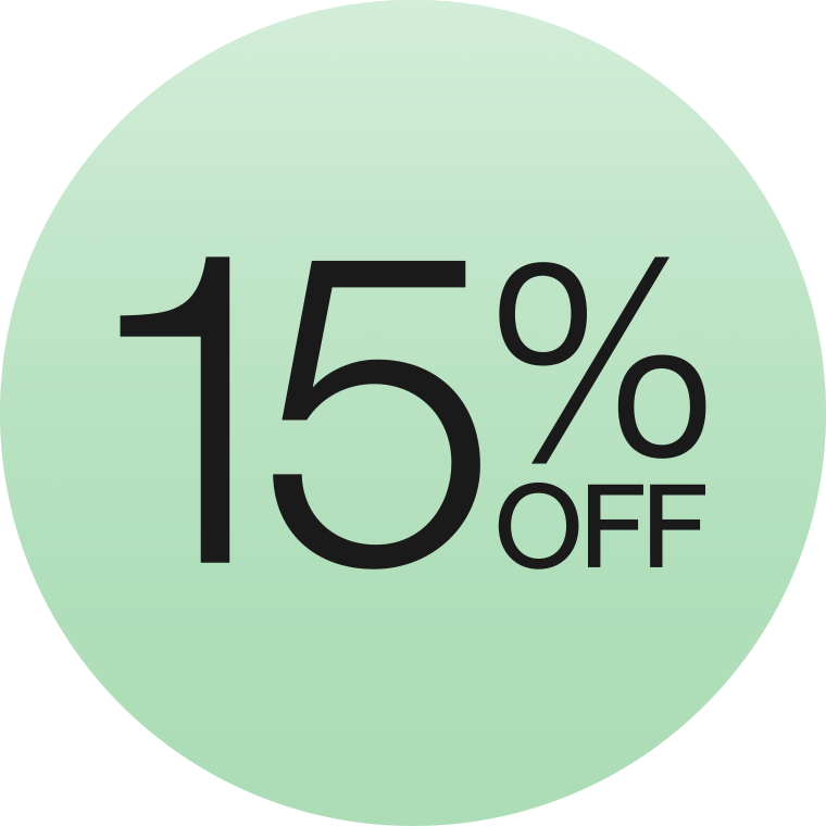 15% off logo in front of a soft grey background