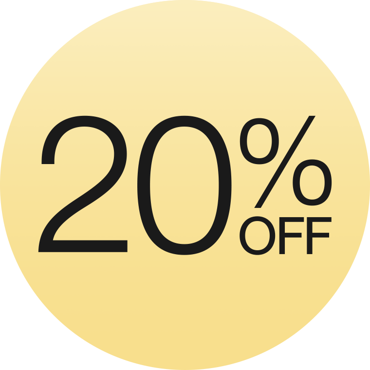 20% off logo in front of a soft grey background