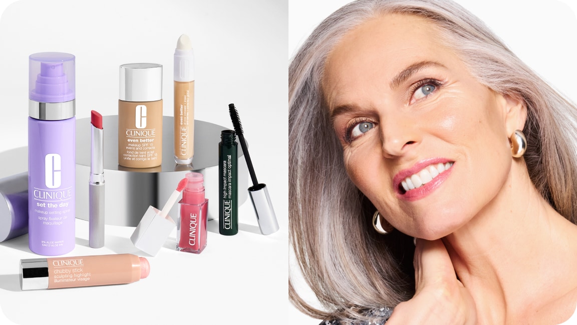 Close up of model smiling with silver hair, wearing a sparkly purple jacket holding Clinique Smart Serum