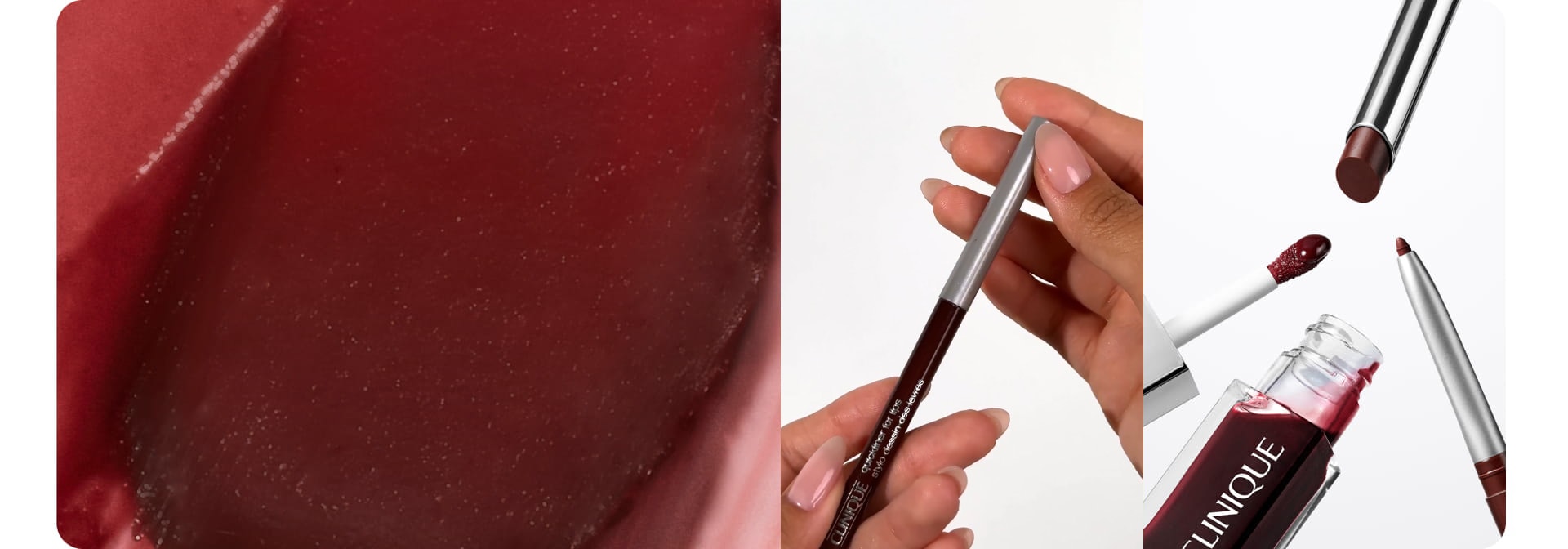 Black Honey product texture, a close-up of deep berry lip colour on lips, and product shots of the Black Honey lipstick and glos