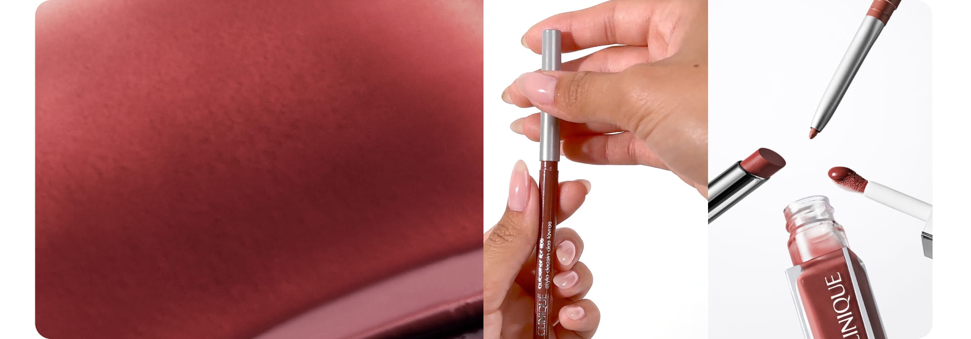 Nude Honey product texture, a close-up of warm nude lip colour on lips, and product shots of the Nude Honey lipstick and gloss.