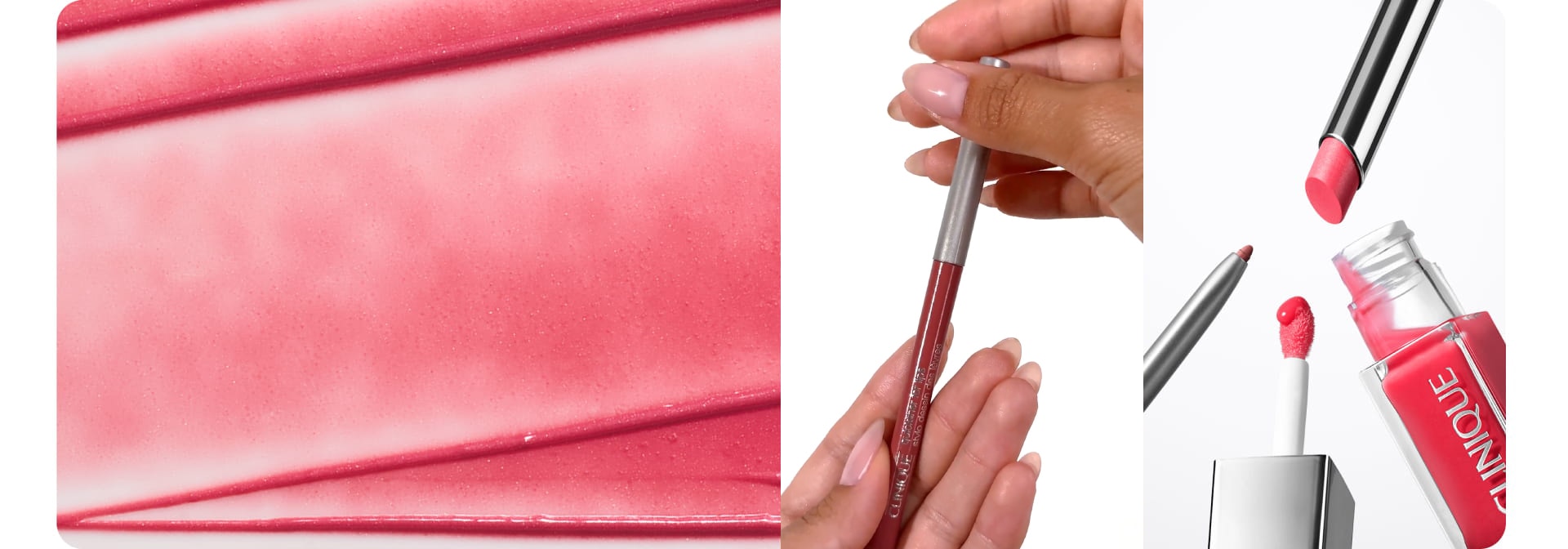 Pink Honey product texture, a close-up of rosy pink lip colour on lips, and product shots of the Pink Honey lipstick and gloss.