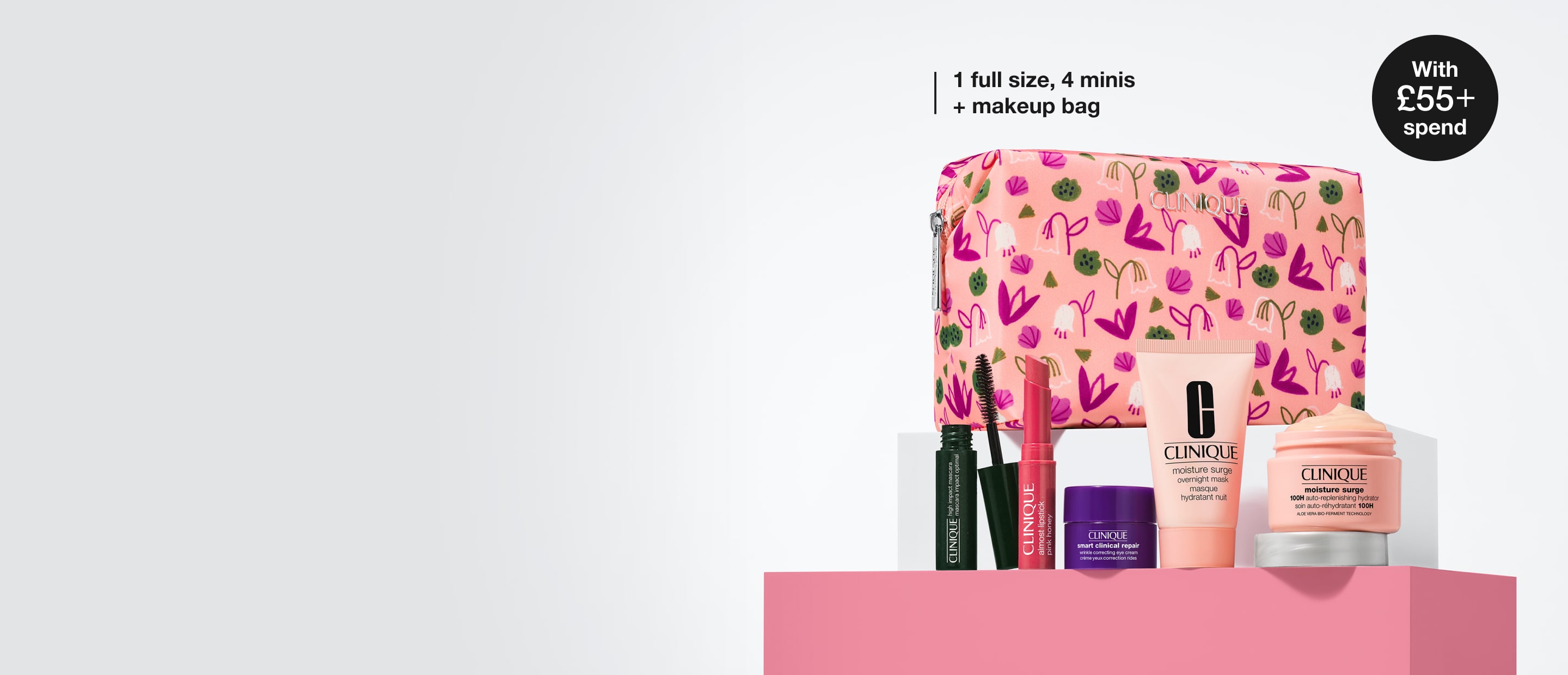 6 piece spring gift with four minis and one full size plus a flowery makeup bag