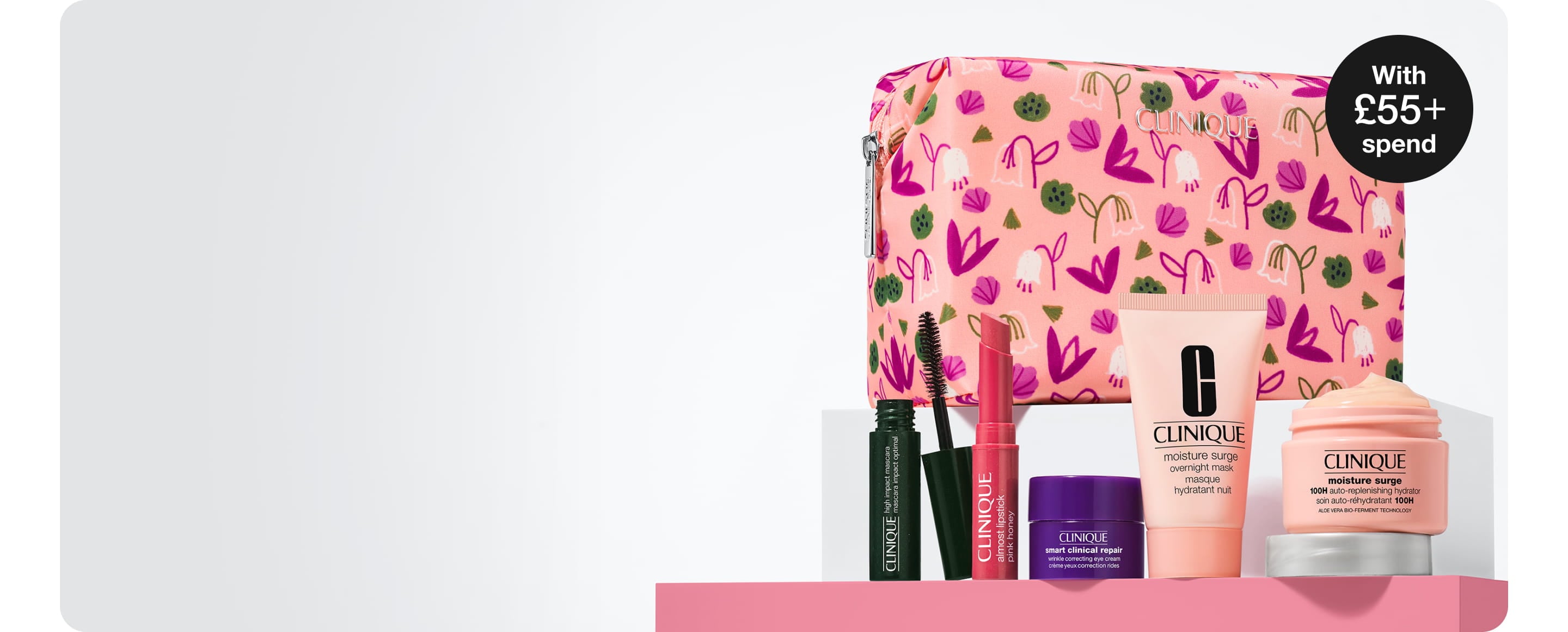 Clinique gift with exclusive Kate Merritt makeup bags, 4 minis and a full size moisturiser on plinth