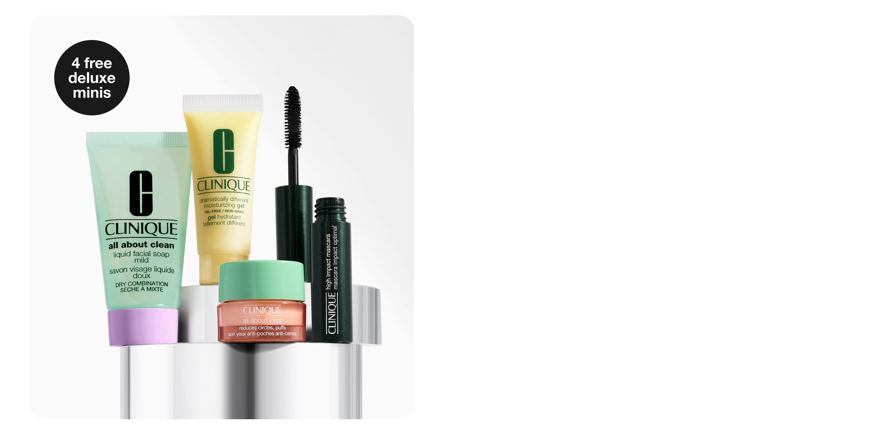 4 skincare and makeup minis on grey background