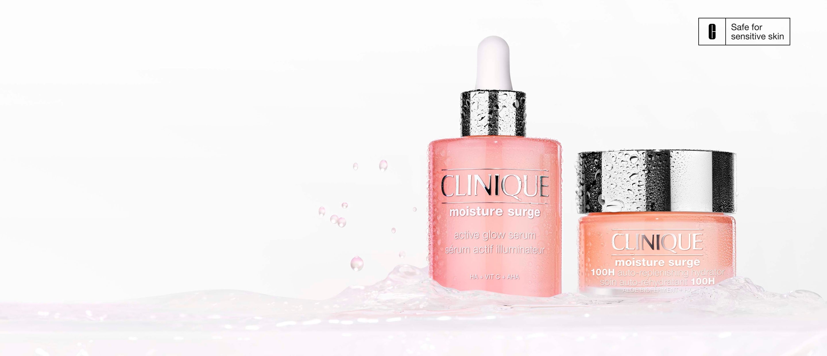 Moisture Surge Active Glow Serum and Moisture Surge Auto-Replenishing Hydrator in a pool of water in a bright setting