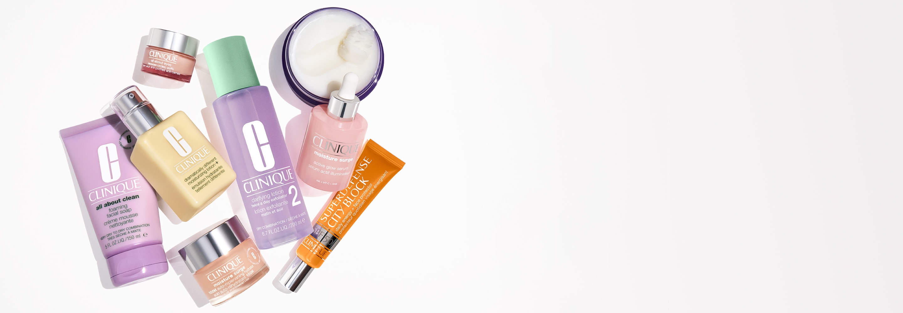 Selection of bestselling Clinique skincare products, shot from above, in a bright setting