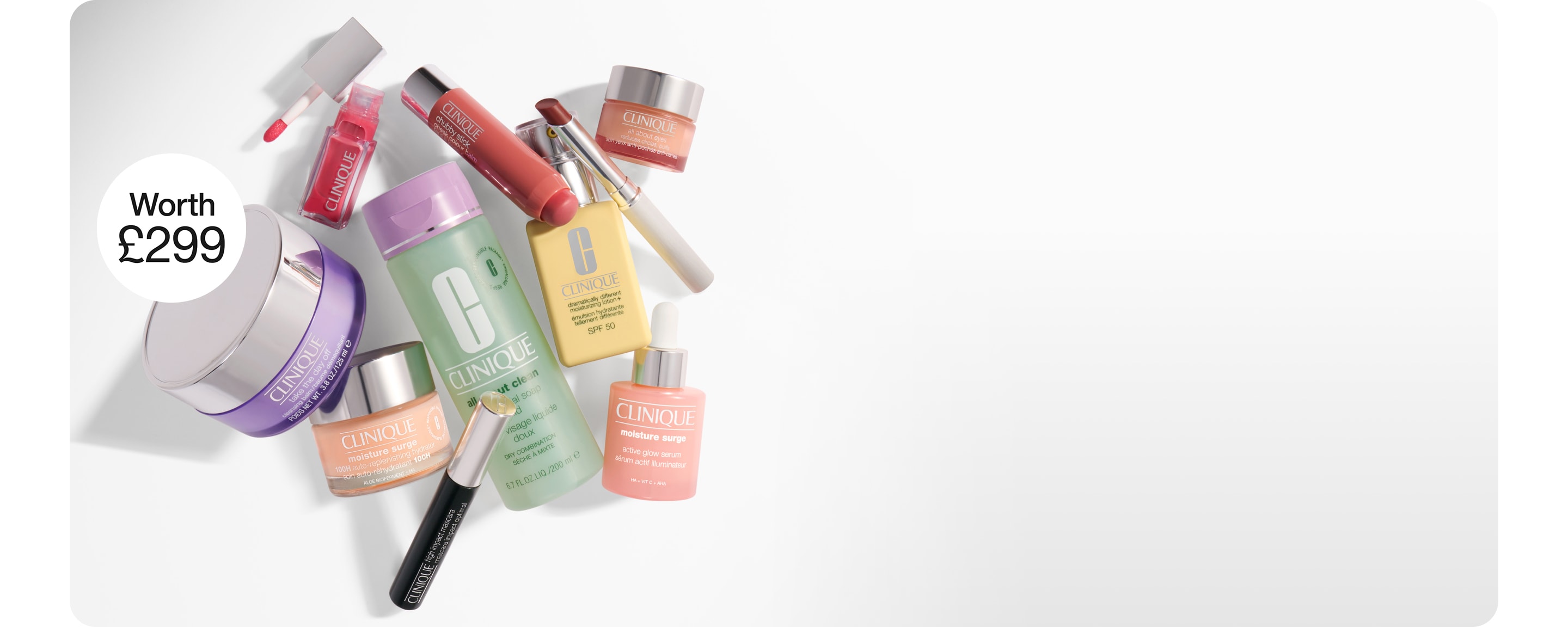 Selection of Clinique products from above in a brightly lit setting, with animated worth badge