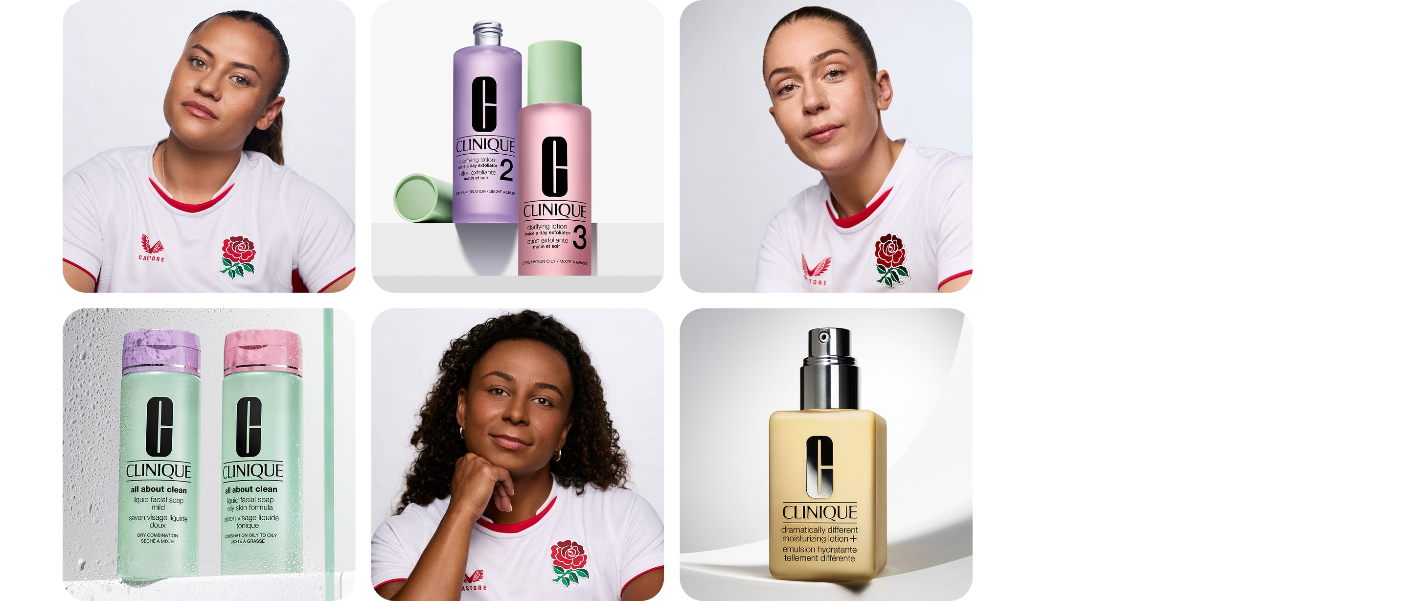 6 image collage of Red Roses' players and Clinique products included in the 3-Step Routine