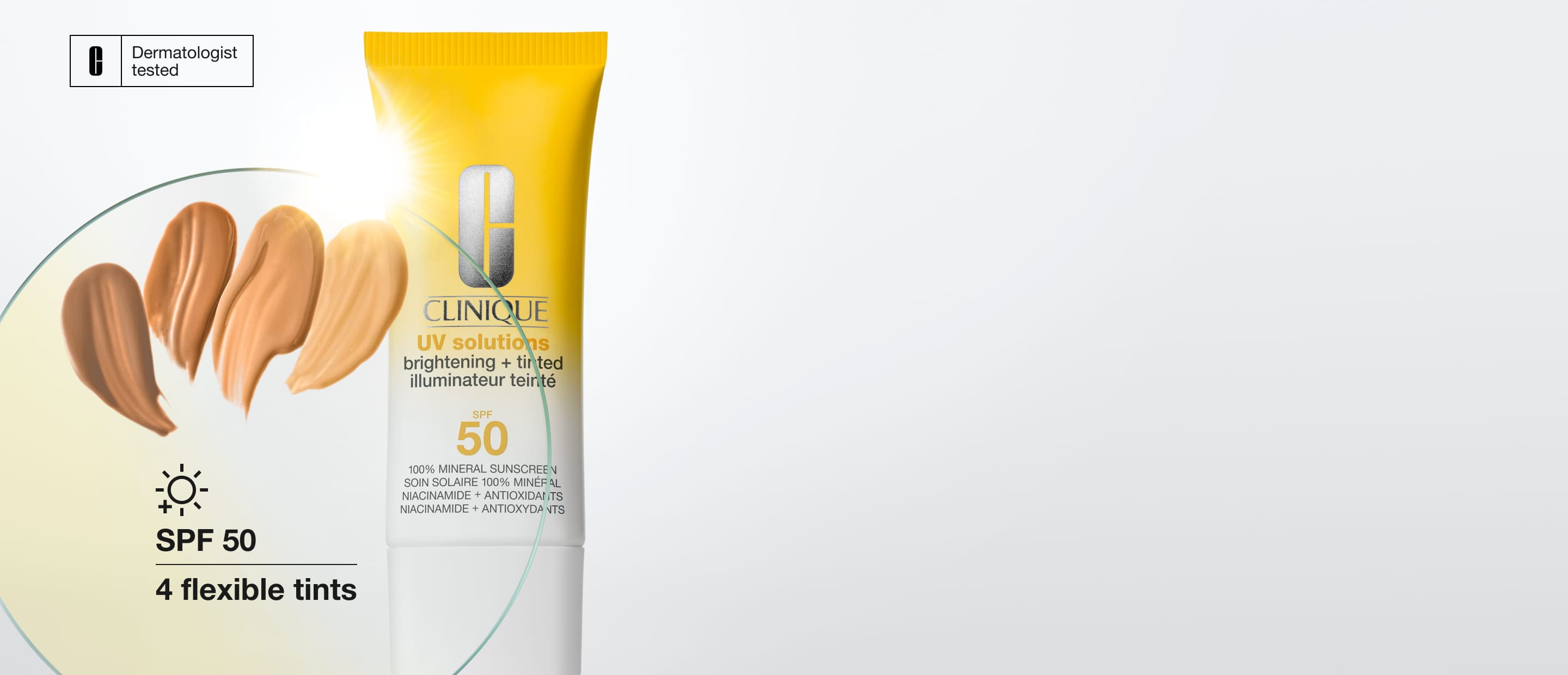 Close up of model smiling, holding new UV Solutions mattifying sunscreen