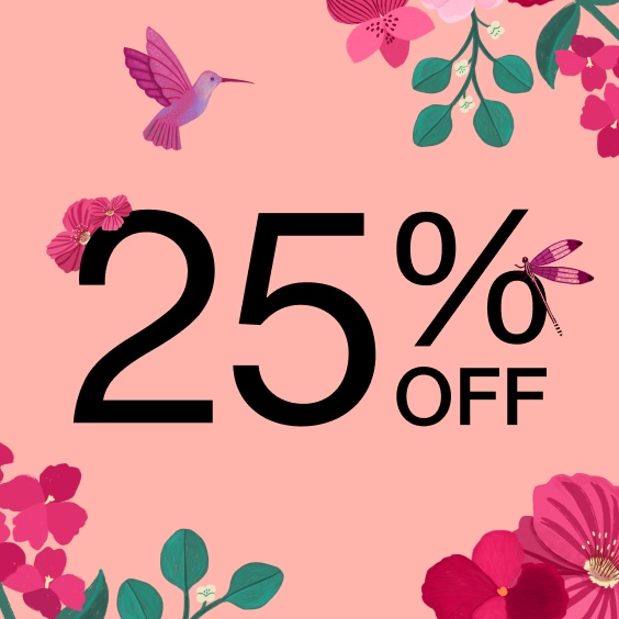 25% off with pink backround and flowers around it 