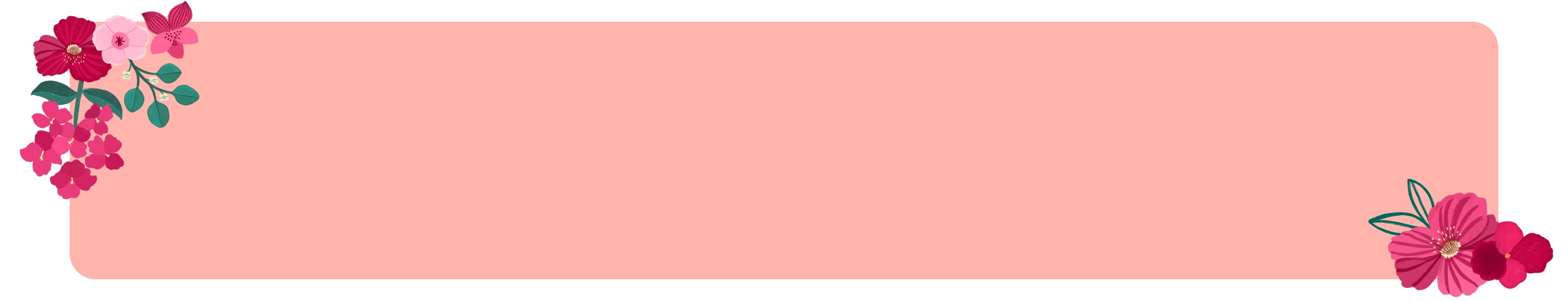 Pink banner decorated with multiple flower illustrations in an array of Spring themed colours