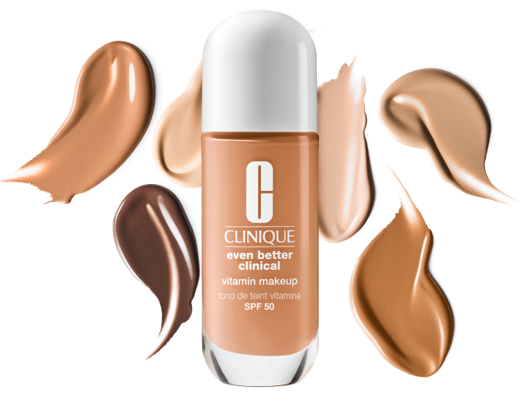 Even Better Clinical Vitamin Makeup SPF 50 product image over multiple shades of texture swatches