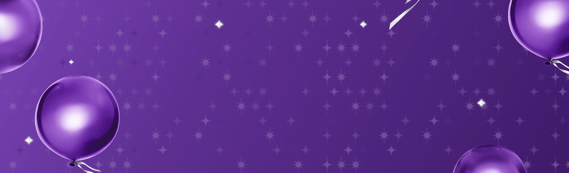 Purple background with bright purple balloons flying in the air, with small star graphics fading in and out