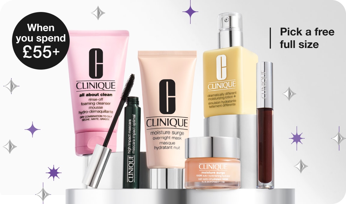 Selection of full-size Clinique products, on a grey plinth, surrounded by purple and silver star graphics