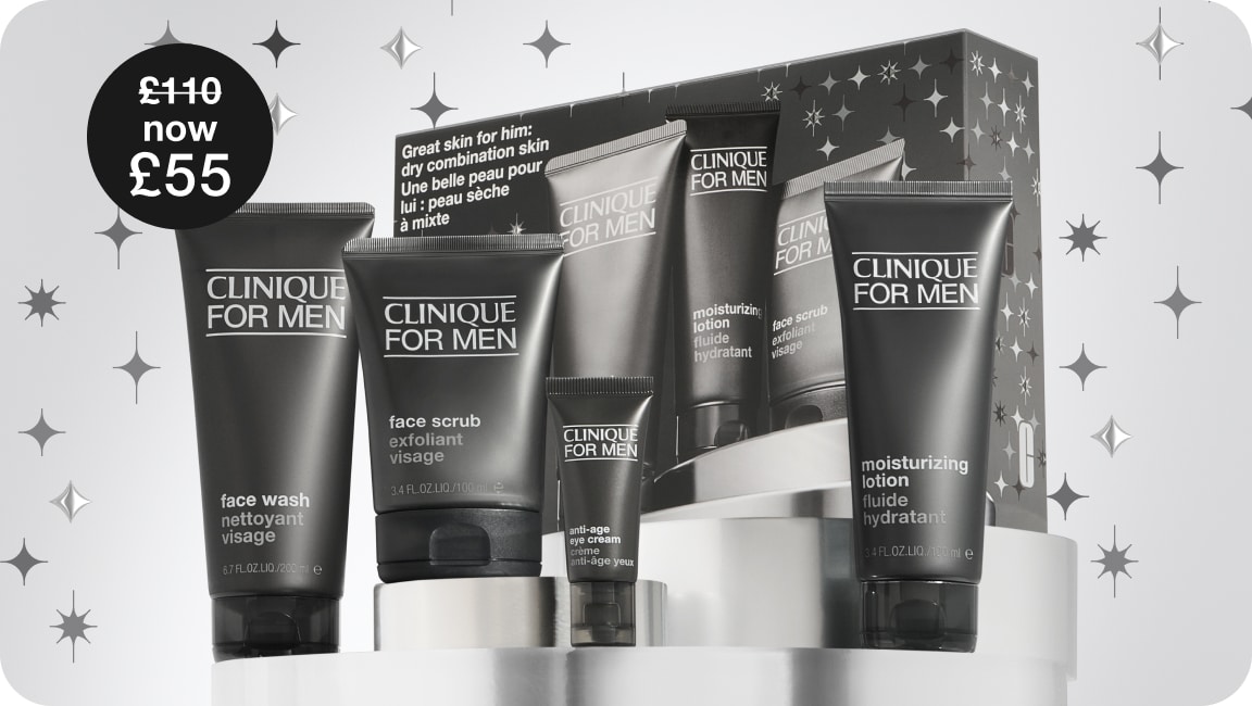 Clinique For Men Black Friday Set on a grey plinth, surrounded by silver and grey star graphics