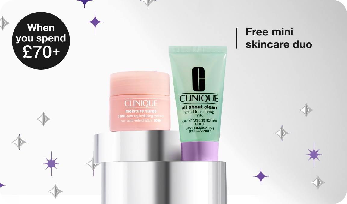 2 deluxe skincare minis on a grey plinth, surrounded by purple and silver star graphics