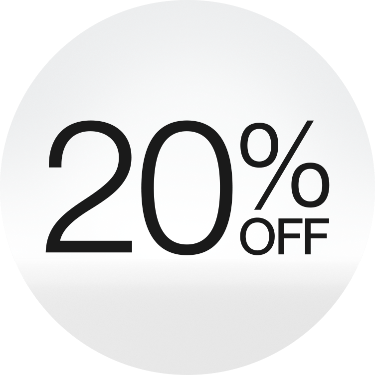 15% off logo in front of a soft grey background