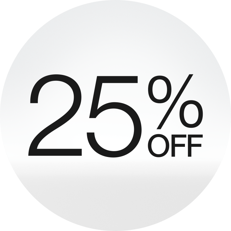 15% off logo in front of a soft grey background