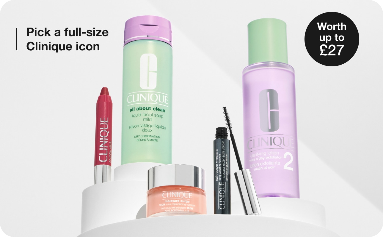 4 Clinique minis and a transparent Clinique beauty case in a bright studio setting