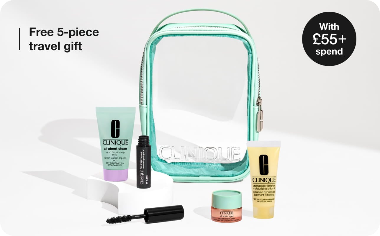 4 Clinique minis and a transparent Clinique beauty case in a bright studio setting