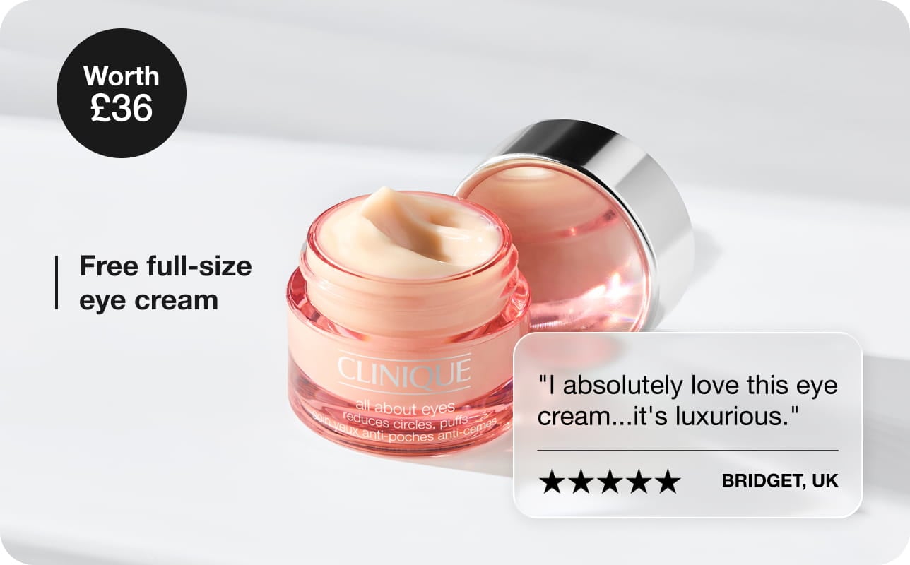4 Clinique minis and a transparent Clinique beauty case in a bright studio setting
