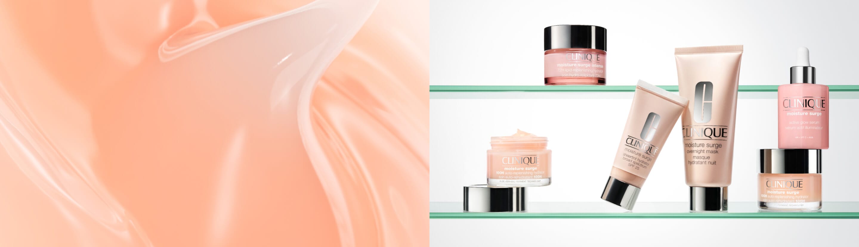 Moisture Surge Serum and 100H Moisturiser stood in a pool of brightly lit, clear water, with hydrating droplets splashing up