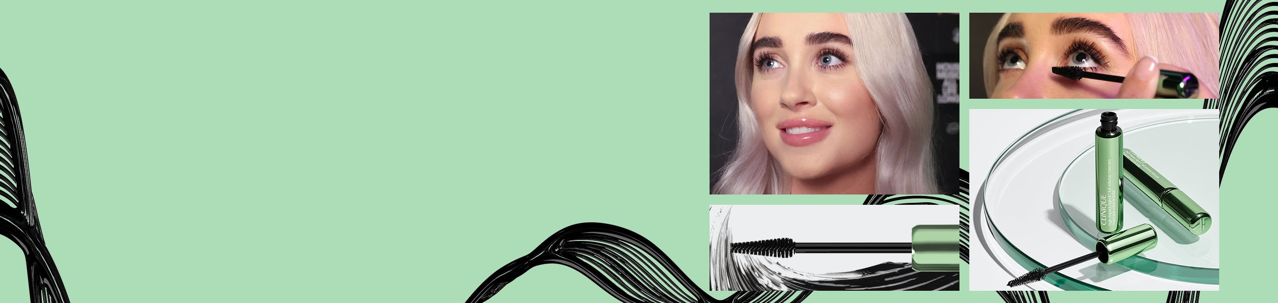 New High Impact High-Fi Full Volume Mascara with model close ups, focusing on eye lash length