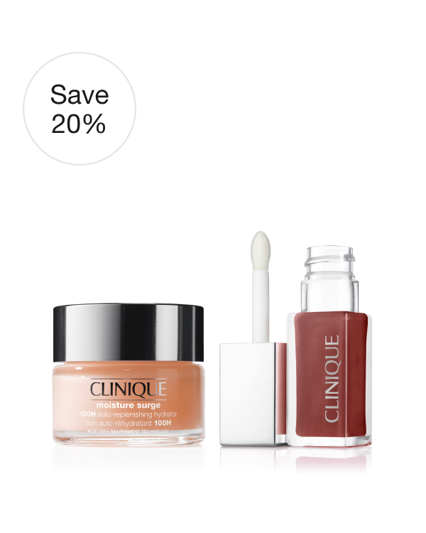 Bestselling Hydration &amp; Lip Set – Nude Honey, Discount applied at checkout. The ultimate moisturiser and lip duo featuring our #1 bestselling Moisture Surge™ 100H Auto-Replenishing Hydrator and the NEW Pop™ Lip + Cheek Oil in Nude Honey for the perfect dewy everyday look.