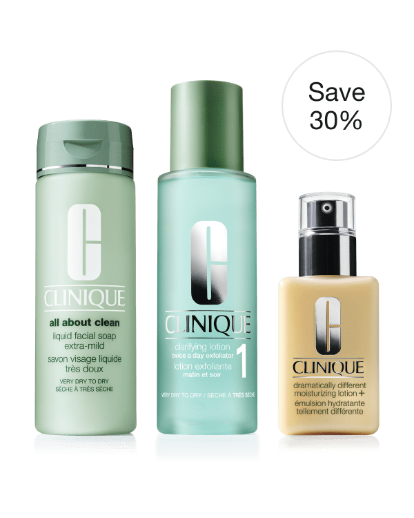 3-Step Routine: Very Dry/Dry Skin<br><s>£85</s> <span style="color: #ba0000;">£59.50</span> at checkout, Discount applied at checkout. A dermatologist developed routine for very dry to dry skin types that has everything you need to upgrade your routine to Clinique’s signature 3-Step skincare system.