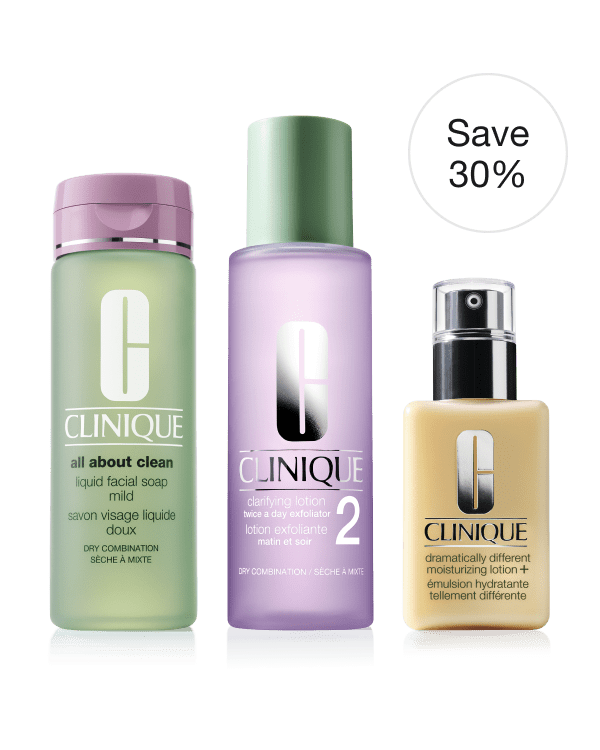 3-Step Routine: Dry Combination Skin<br><s>£85</s> <span style="color: #ba0000;">£59.50</span> at checkout, Discount applied at checkout. A dermatologist developed routine for dry combination skin types that has everything you need to upgrade your routine to Clinique’s signature 3-Step skincare system.