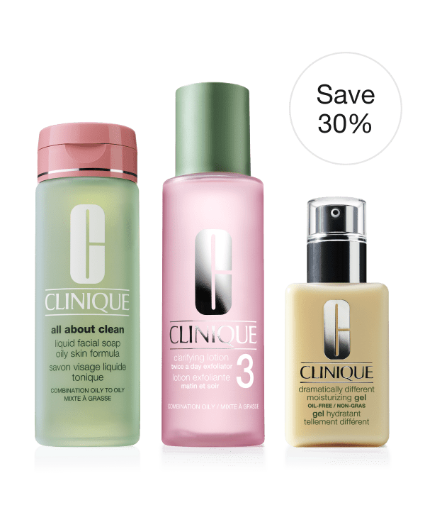 3-Step Routine: Oily Combination Skin<br><s>£85</s> <span style="color: #ba0000;">£59.50</span> at checkout, Discount applied at checkout. A dermatologist developed routine for oily combination skin types that has everything you need to upgrade your routine to Clinique’s signature 3-Step skincare system.