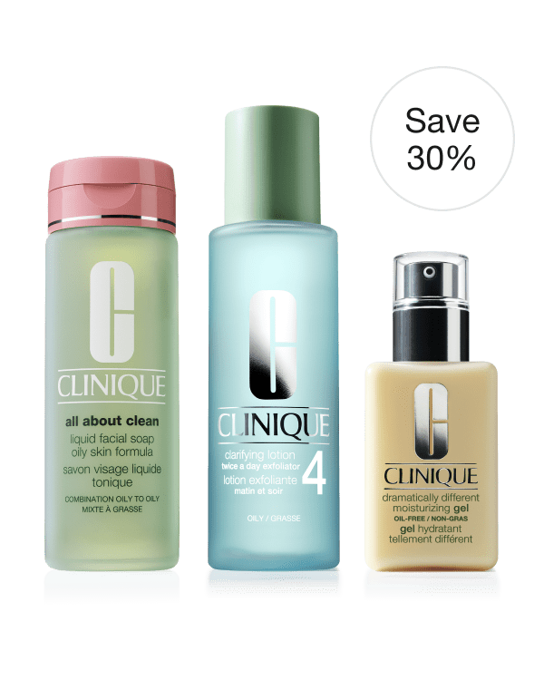 3-Step Routine: Oily Skin<br><s>£85</s> <span style="color: #ba0000;">£59.50</span> at checkout, Discount applied at checkout. A dermatologist developed routine for oily skin types that has everything you need to upgrade your routine to Clinique’s signature 3-Step skincare system.